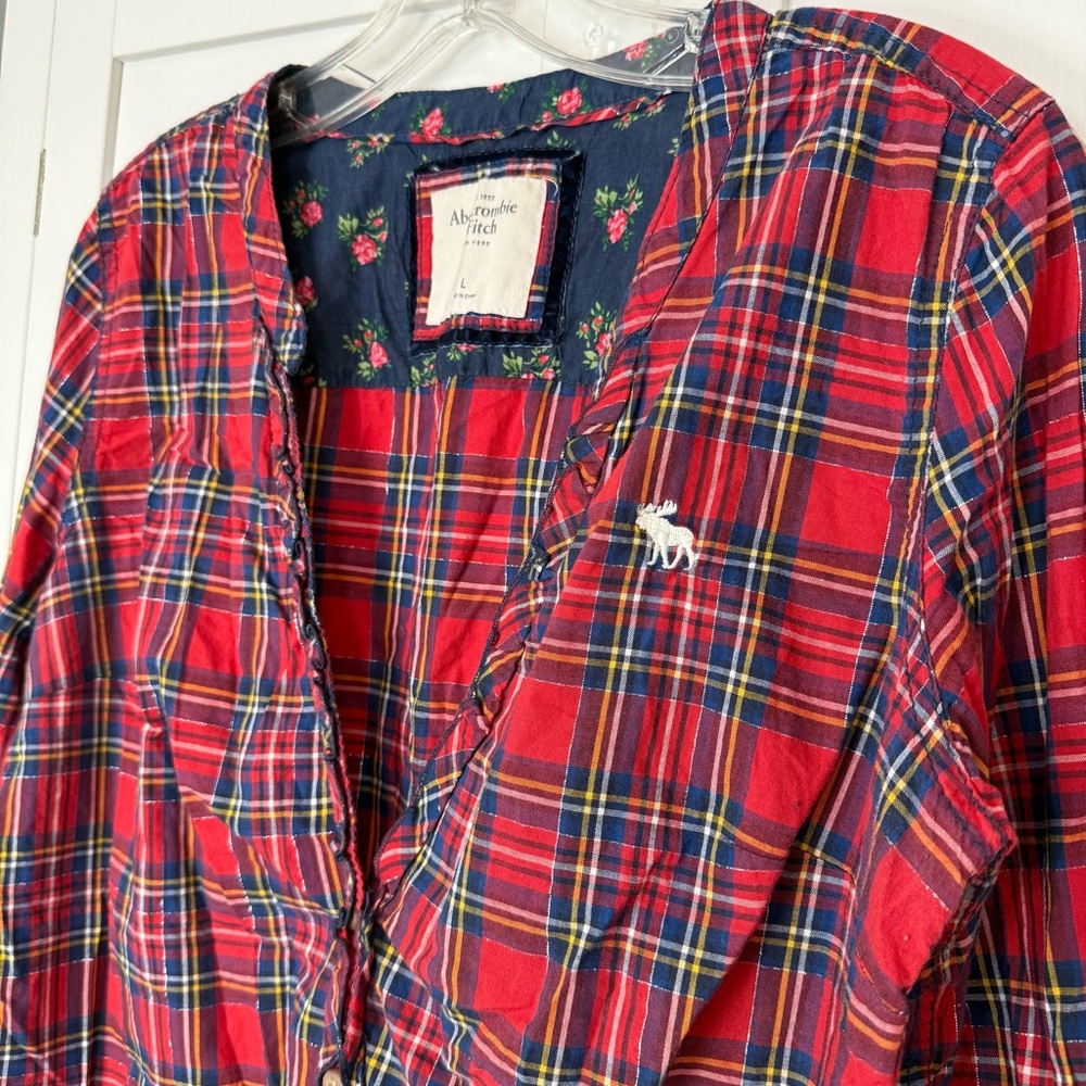 A&F Y2K Plaid Ruffle Tunic Top Red Peplum Button Front Womens Large Mall Brand - Picture 3 of 8